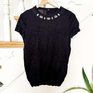 Stile Benetton Embellished Collar Short Sleeve Crew Neckline Black Top Size M